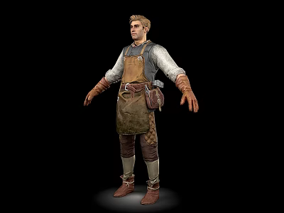 Man In White Shirt Gray Vest Brown Apron With Pockets Leather Gloves And Brown Boots 3d model