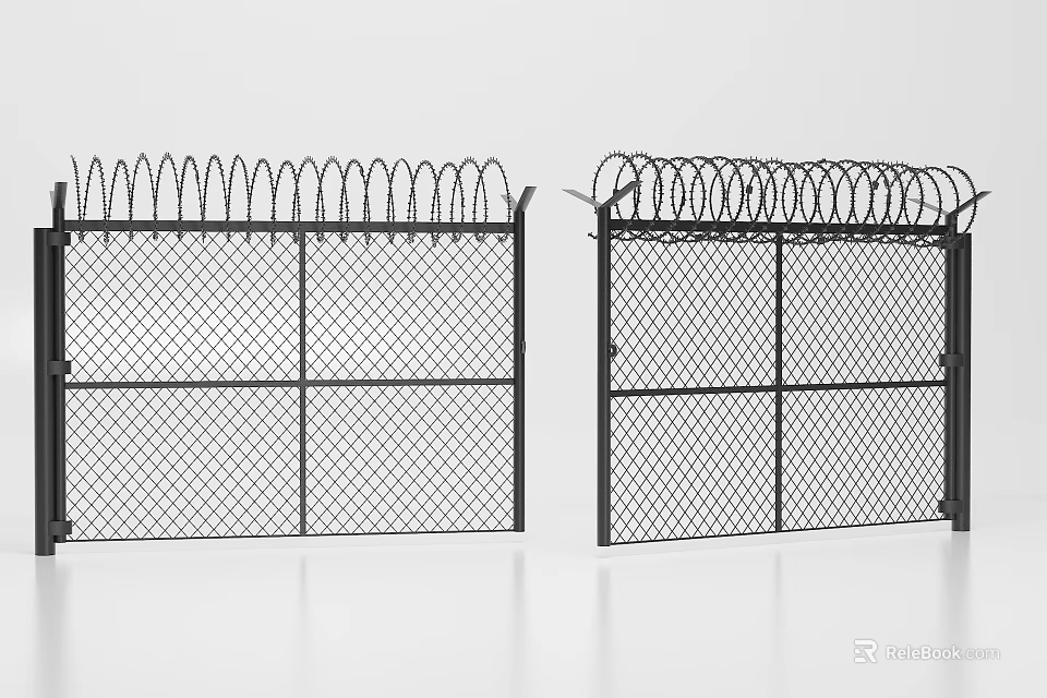 Black Wire Mesh Security Fence with Barbed Wire and Double Gate Mesh Structure 3d model 