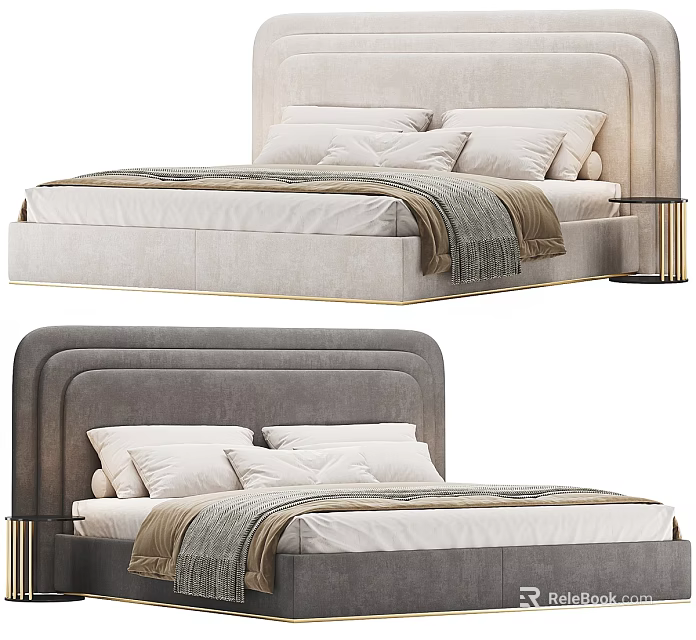 Modern Double Bed Interior With Upholstered Headboard Decorative Pillows And Throw Blanket 3d model 