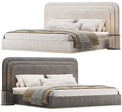 Modern Double Bed Interior With Upholstered Headboard Decorative Pillows And Throw Blanket 3d model