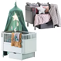 White Baby Crib With Star Canopy Gray Knitted Blanket And Pink Pillows