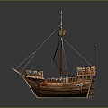 Wooden Sailing Ship With White Sail Red Cross And Historical Deck Details