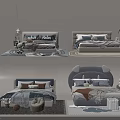 Modern Kids Bed with Blue White Bedding Decorative Pillows and Rug