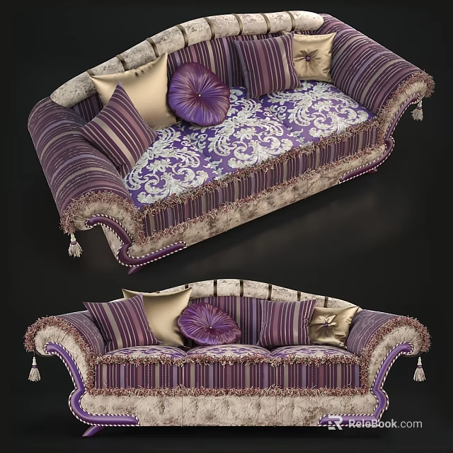 Elegant Purple Beige Two Seater Sofa With Floral Pattern Decorative Pillows And Tassel Details 3d model 