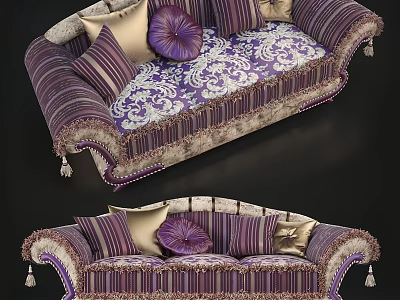Elegant Purple Beige Two Seater Sofa With Floral Pattern Decorative Pillows And Tassel Details 3d model