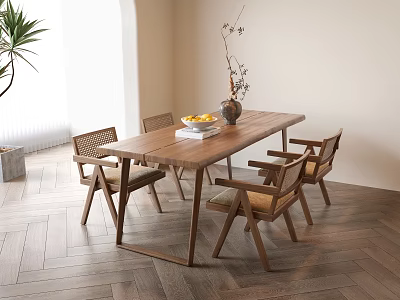 Bright Wooden Dining Table Set With Woven Backrest Chairs Dried Flower Vase And Fruit Bowl 3d model