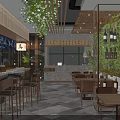 Traditional Japanese Restaurant Interior with Wooden Bar Counter Dining Tables and Green Plants