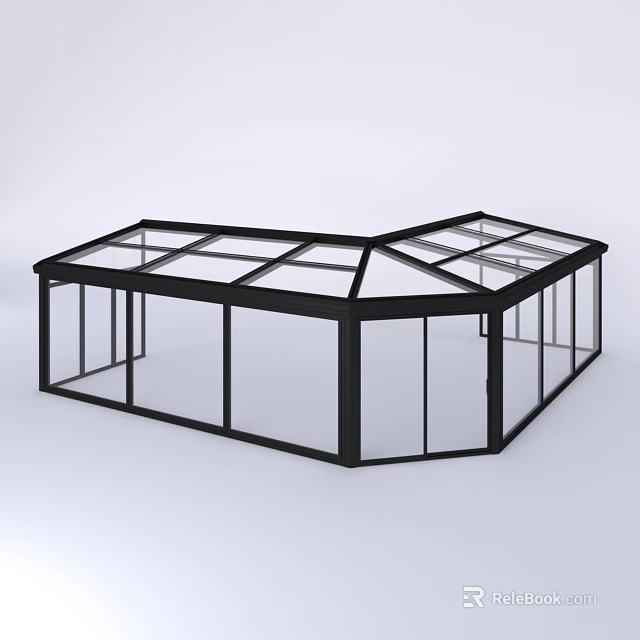 Modern Glass Sunroom With Black Frame And Transparent Corner Structure Design 3d model 