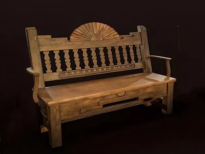 Rustic Wooden Bench With Carved Details Fan Shaped Back Armrests And Drawer 3d model