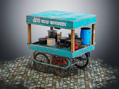 Blue Street Food Cart With Cooking Utensils And Blue Barrel On Wheels 3d model