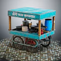 Blue Street Food Cart With Cooking Utensils And Blue Barrel On Wheels