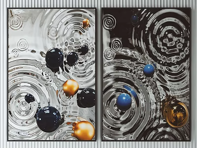 Abstract Wall Art With Spiral Patterns And Colorful Spheres In Black Gold Blue 3d model