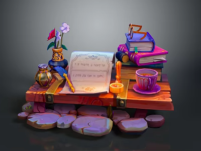 Vintage Writing Desk Setup With Paper Quill Ink Bottle Flowers Books And Teacup 3d model