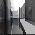 Modern Exhibition Space with White Geometric Walls Display Stand Screens Globe and Blue Lighting