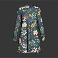 Elegant Dark Green Floral Long Sleeve Dress With Yellow White Pink Flowers