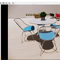 Various Colored And Styled Dining Chair Table Sets On Light Colored Floor With Green Plants