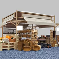 Wooden Outdoor Fruit Stall With Canopy Displaying Fresh Pumpkins Watermelons Oranges And Baskets