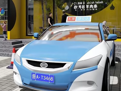 BYD Blue And White Taxi With License Plate Parked In Urban Area 3d model