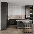Modern Kitchen With Black Cabinets Marble Countertop Island Lighting And Appliances
