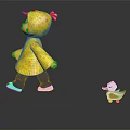 Child Doll Wearing Yellow Polka Dot Raincoat Standing Next To Small Duckling Toy