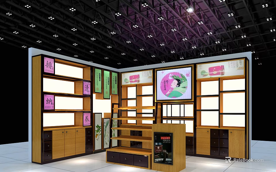 Wooden Pharmacy Display Shelves With Multiple Layers Glass Doors Lighting And Labels 3d model 