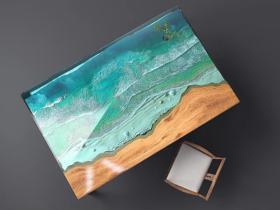 Natural Tea Table and Chairs with Wooden Base and Resin Green Wave Design 3d model