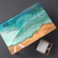 Natural Tea Table and Chairs with Wooden Base and Resin Green Wave Design