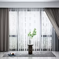 Gray Curtains with Sheer Panels Near Window and Green Plant in Modern Room Interior