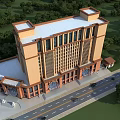 Modern Classical Office Building With Brown Beige Large Windows Arched Entrances Green Lawn And Fountains
