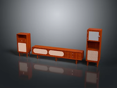 Brown Wooden TV Stand Set With Drawers Grid Doors For Electronic Devices Storage 3d model