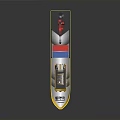 Yellow Cargo Boat with Red Crane Blue Red Containers and Blue White Stripes