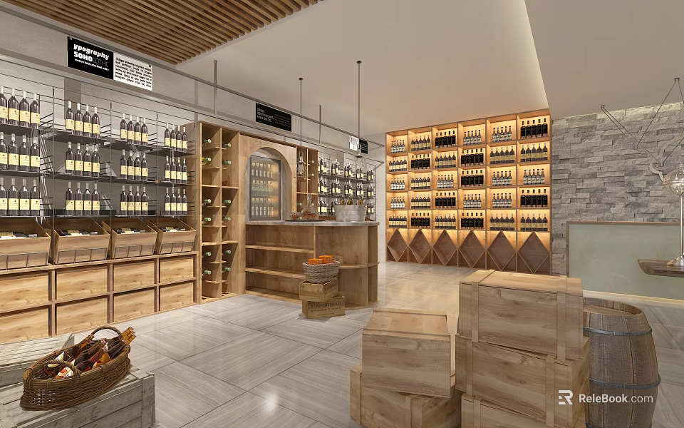 Organized Tobacco And Wine Shop Interior With Wooden Shelves And Product Displays 3d model 