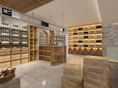 Organized Tobacco And Wine Shop Interior With Wooden Shelves And Product Displays 3d model
