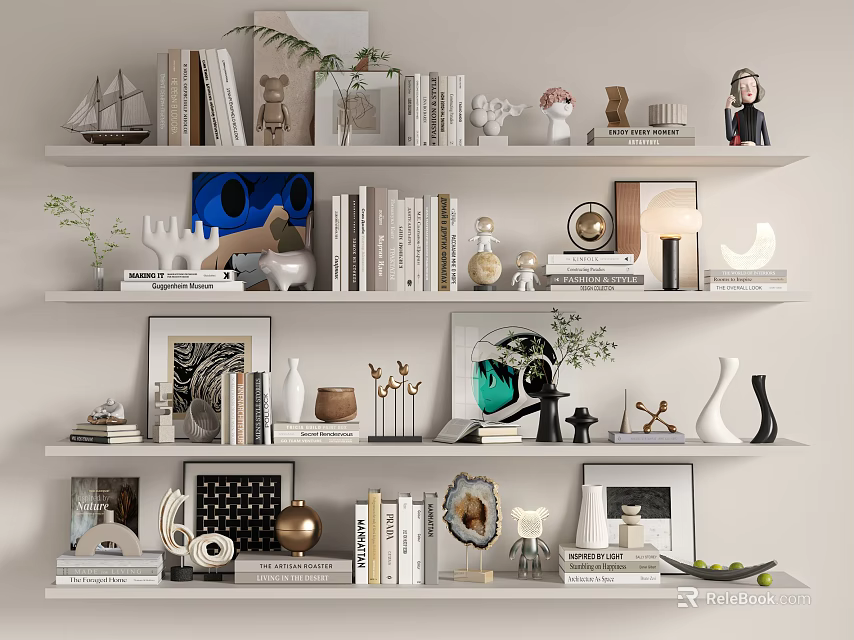 Decorative Ornament Set With Books Photo Frames Vases Sculptures And Green Plants On White Shelves 3d model 
