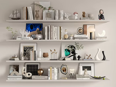Decorative Ornament Set With Books Photo Frames Vases Sculptures And Green Plants On White Shelves 3d model