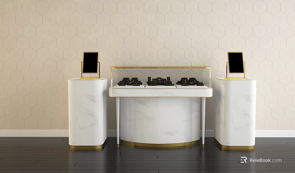 White Marble Showcase Shelf Gold Frame Hexagonal Tile Background Side Pedestals Screens Black Items 3d model 