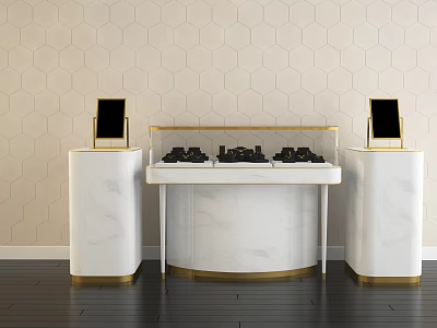 White Marble Showcase Shelf Gold Frame Hexagonal Tile Background Side Pedestals Screens Black Items 3d model