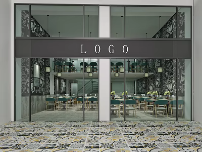 Elegant Restaurant Facade With Glass Doors Logo Interior Tables Chairs Pendant Lights Patterned Tile Flooring 3d model