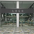 Elegant Restaurant Facade With Glass Doors Logo Interior Tables Chairs Pendant Lights Patterned Tile Flooring