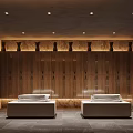 Elegant Modern SPA Sauna Interior With Marble Walls Massage Table Wooden Shelf And Soft Lighting