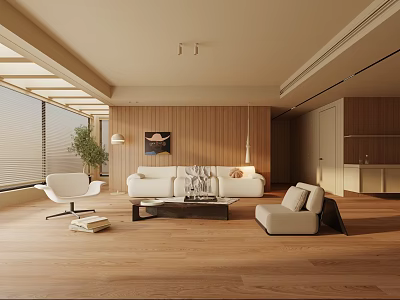 Modern Living Room Interior With White Sofa Wooden Walls Coffee Table And Large Windows 3d model