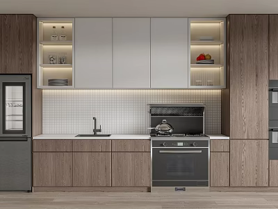 Modern Kitchen Featuring Wooden And White Cabinets Countertop Sink Oven And Lighting 3d model