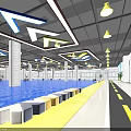 Indoor Training Space With Colorful Ceiling Arrow Signs And Blue Floor