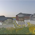 Modern Office Complex With Glass Facade And Landscaped Green Areas Under Sunset Sky