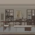 Traditional Tea Room Interior With Wooden Table Bookshelves Tea Sets Calligraphy And Floor Lamp