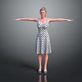 A Woman Standing In White Polka Dot Dress With Arms Outstretched Against Gray Background