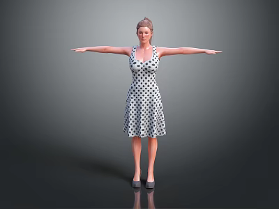 A Woman Standing In White Polka Dot Dress With Arms Outstretched Against Gray Background 3d model