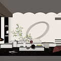 Elegant Modern Living Room Interior With Curved Walls Circular Archway White Sofa And Red Chairs