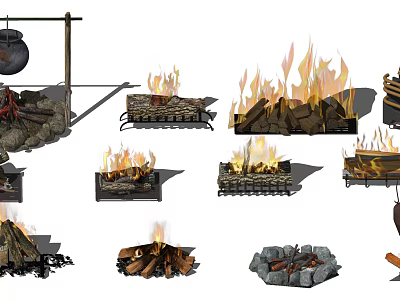 Various Garden Fire Pit Designs With Wooden Logs Stone Surrounds And Hanging Cauldron 3d model