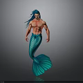 Muscular Male Mermaid With Blue Long Hair And Green Fish Tail On Dark Background